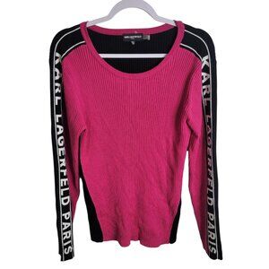 Karl Lagerfeld XL Ribbed Sweater Pink Black Spellout Sleeves Preppy Designer